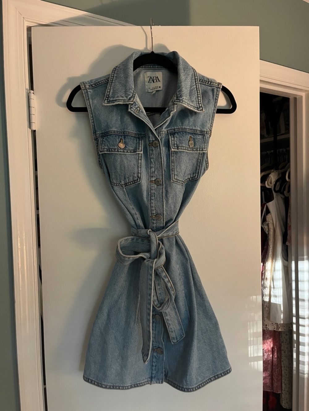 Zara Light Blue Sleeveless Denim Mini Dress with Tie Waist